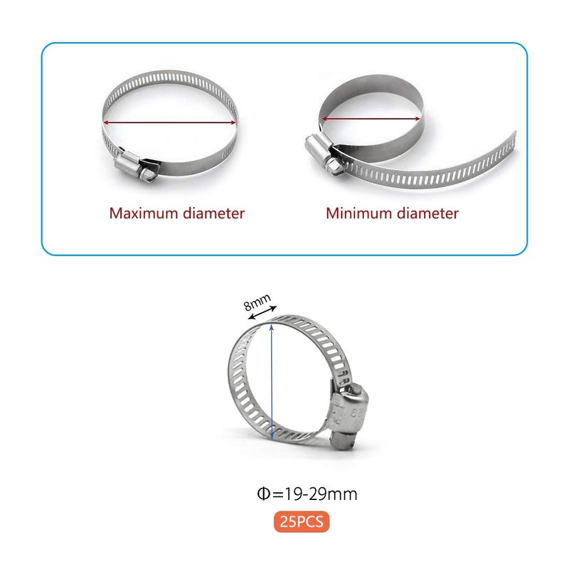 ZIPCCI Hose Clamp, 1 Inch Stainless Steel Worm Gear fuel line hose clamps, 19-29mm (25pack) - Image 2